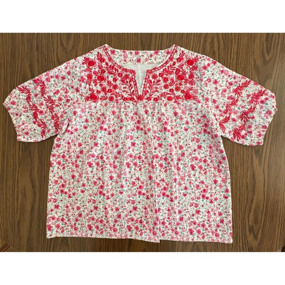 Unbranded Tops - NWOT Embroidered Blouse Floral Size XL White Red Short Sleeve Boho Peasant Flowy